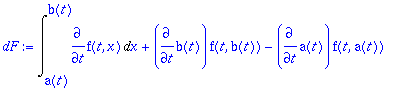 dF := Int(diff(f(t,x),t),x = a(t) .. b(t))+diff(b(t...